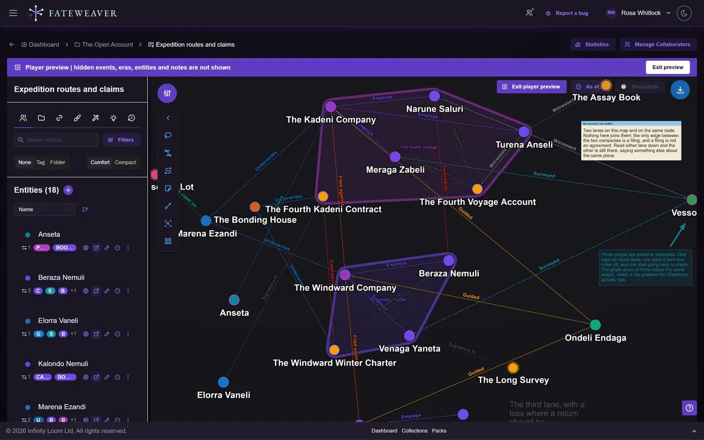 A relationship map in player preview, with hidden entities and relationships absent from the view.