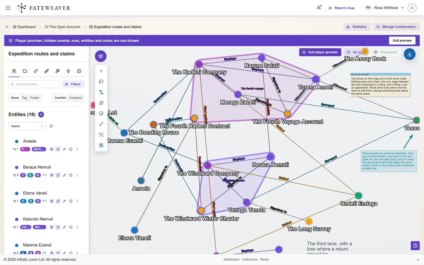 A relationship map in player preview, with hidden entities and relationships absent from the view.