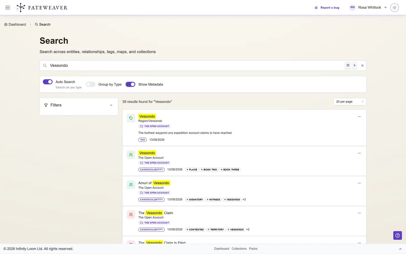 Global search results grouped by kind, with the tag, relationship-type, and field filters open in the sidebar.