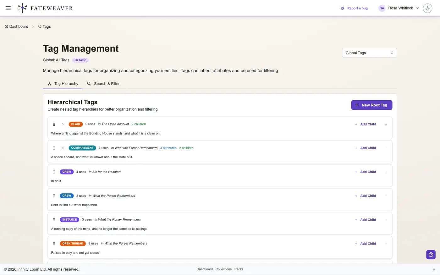 The tag manager showing a tag hierarchy with parent and child tags and their attributes.