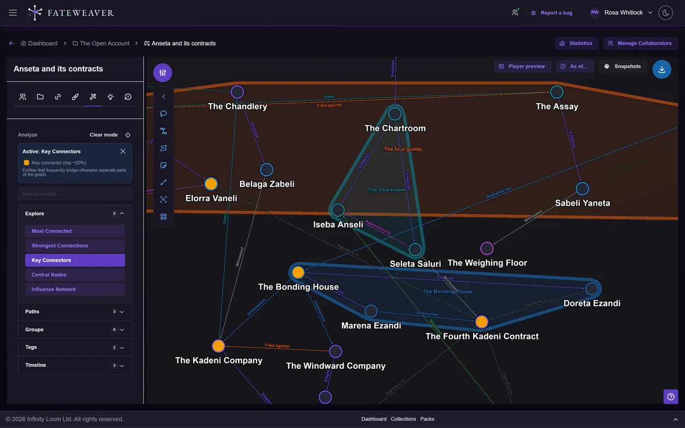The analysis sidebar on a relationship map, mid-replay, with part of the map revealed.