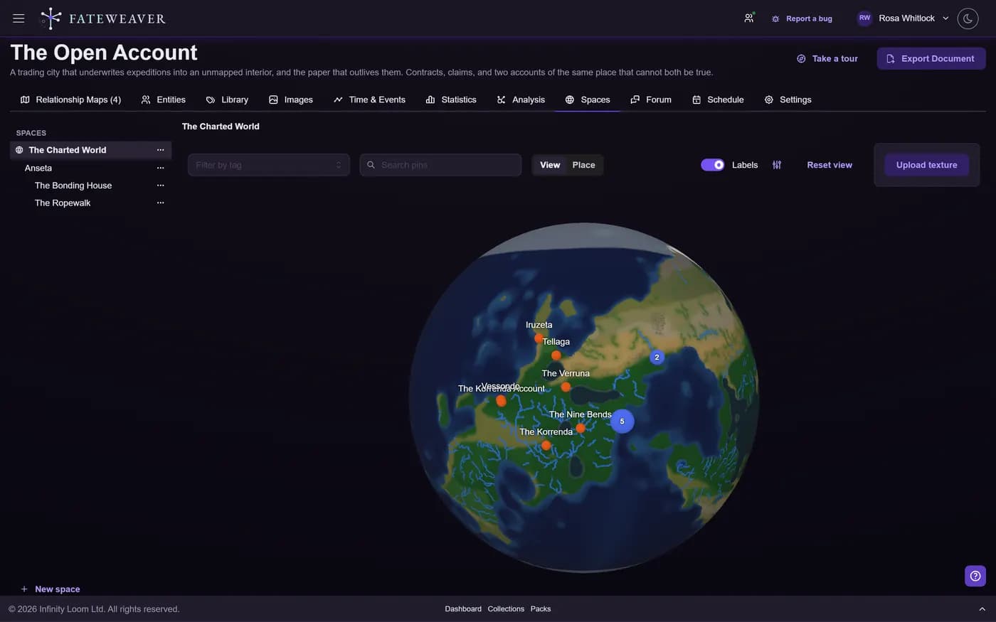 The Spaces tab showing a globe with places pinned on its continents, and a tree of nested spaces beside it.