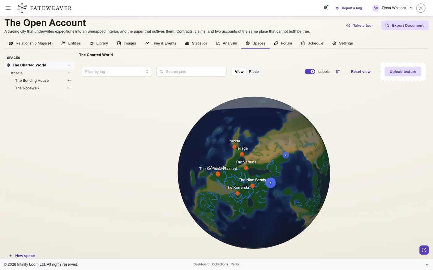 The Spaces tab showing a globe with places pinned on its continents, and a tree of nested spaces beside it.